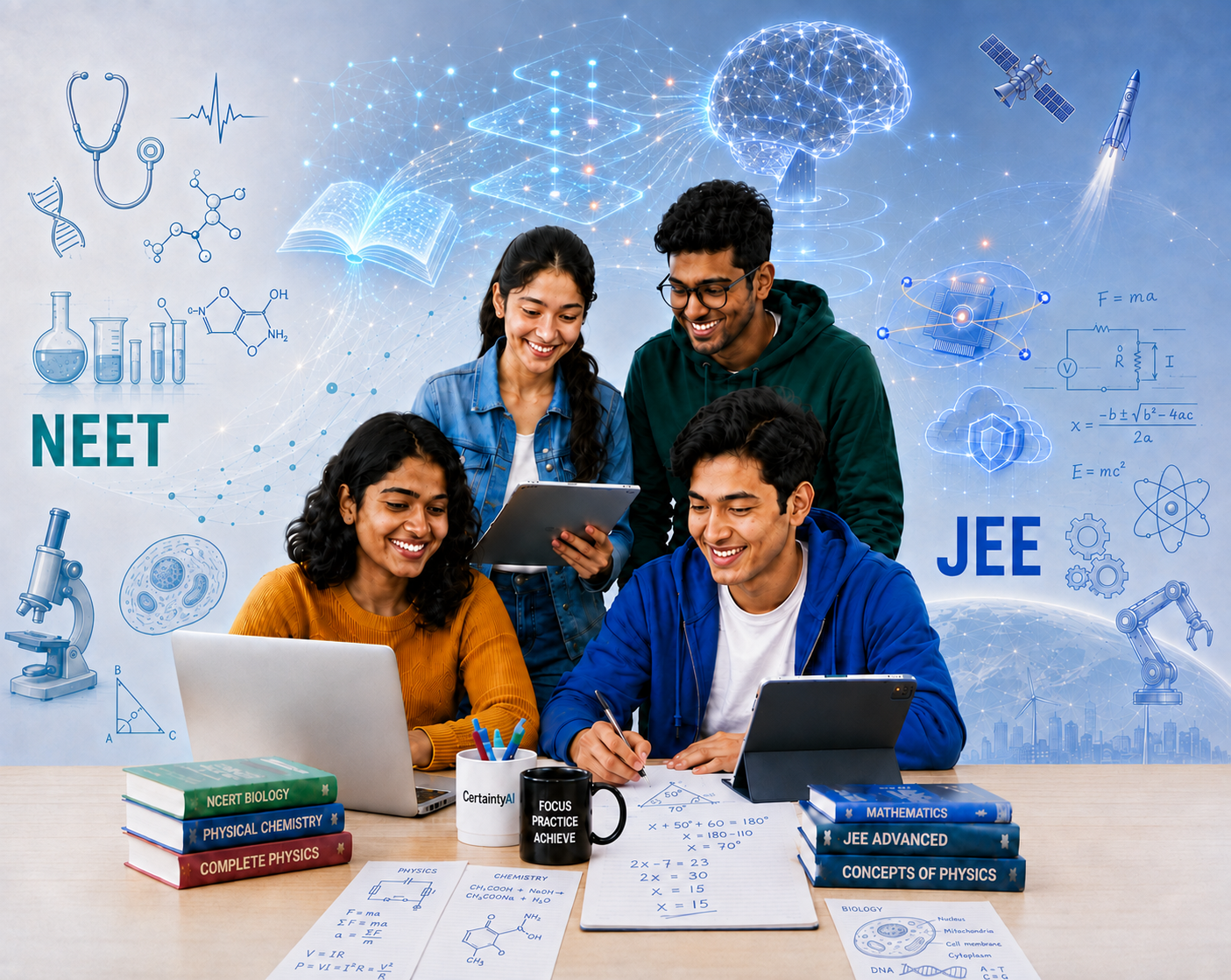 Four Indian students practising together with subject notes, books and devices, surrounded by NEET, JEE and future-learning visuals